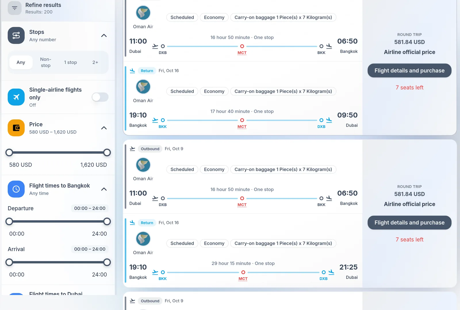 Flight results for Dubai to Bangkok on the SkyGate demo platform