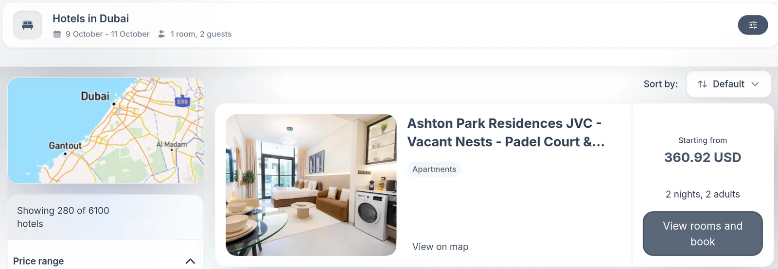 Hotel results for Dubai on the SkyGate demo platform