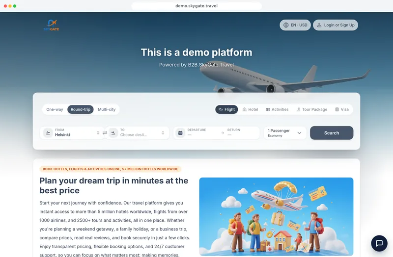 The SkyGate demo platform home page in a browser window