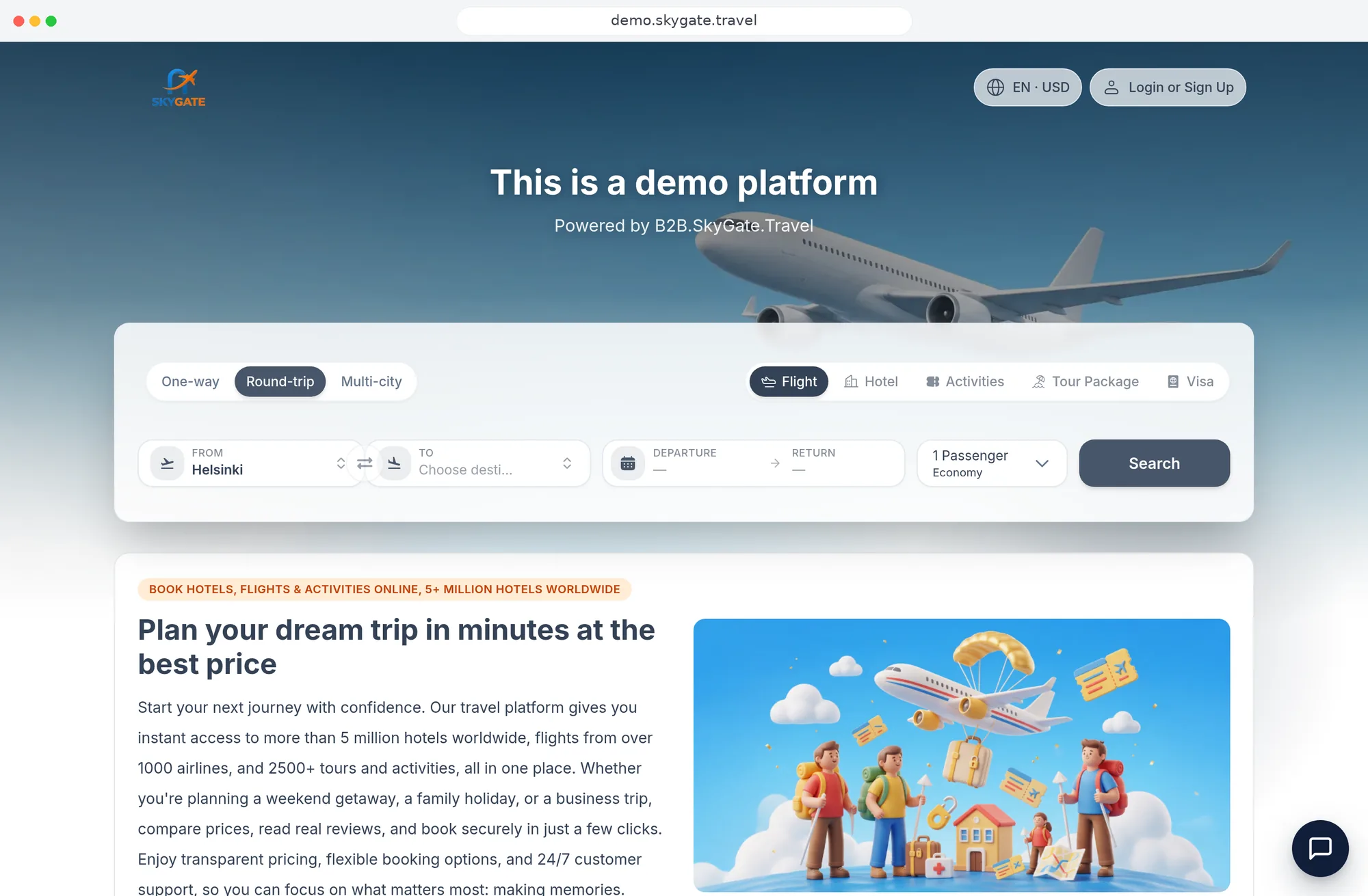 The SkyGate demo platform home page in a browser window